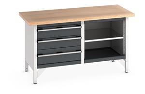 Bott Cubio Storage Workbench 1500mm wide x 750mm Deep x 840mm high supplied with a Multiplex (layered beech ply) worktop, 3 x Drawers (1 x 200mm & 2 x 150mm high) and an open section with full depth adjustable mid shelf.... 1500mm Wide Storage Benches